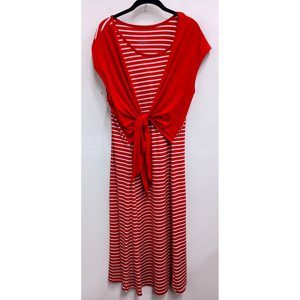 Cuddl Duds Maxi Dress Womens 1X Red Striped Flexwear Front Tie Short Sleeve